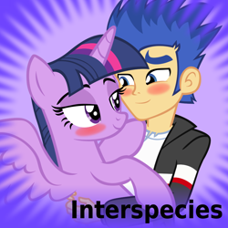 Size: 1024x1024 | Tagged: safe, artist:dtkraus, character:flash sentry, character:twilight sparkle, character:twilight sparkle (alicorn), species:alicorn, species:pony, derpibooru, ship:flashlight, my little pony:equestria girls, bedroom eyes, blushing, couple, embrace, female, holding a pony, human flash sentry x pony twilight, interspecies, male, meta, shipping, smiling, spoilered image joke, straight