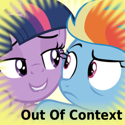 Size: 1024x1024 | Tagged: safe, artist:dtkraus, edit, edited screencap, screencap, character:rainbow dash, character:twilight sparkle, character:twilight sparkle (alicorn), species:alicorn, species:pony, derpibooru, ship:twidash, episode:the cutie re-mark, bedroom eyes, caption, eye contact, female, i am an adult, i need an adult, lip bite, mare, meta, out of context, smiling, spoilered image joke, twilest dashle