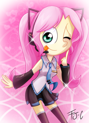Size: 800x1100 | Tagged: safe, artist:fj-c, character:fluttershy, my little pony:equestria girls, ;p, adorkable, anime, armpits, boots, clothing, costume, cute, dork, female, hatsune miku, skirt, socks, solo, thigh highs, tongue out, vocaloid, wink, zettai ryouiki