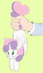 Size: 593x1000 | Tagged: safe, artist:merlos the mad, artist:purple-yoshi-draws, character:sweetie belle, species:human, species:pony, species:unicorn, blushing, cute, diasweetes, fluffy, hand, holding a pony, suspended, tail hold, tail pull, wide eyes