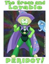 Size: 600x781 | Tagged: safe, artist:texasuberalles, character:trixie, species:pony, species:unicorn, spoilers for another series, angry, cape, clothing, crossover, crystal gems, female, great and powerful, hat, mare, peridot (steven universe), steven universe, trixie's cape, trixie's hat