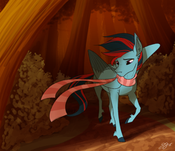 Size: 3468x3000 | Tagged: safe, artist:probablyfakeblonde, oc, oc only, oc:andrew swiftwing, species:pegasus, species:pony, autumn, clothing, forest, leaves, looking down, male, scarf, solo, stallion, tree