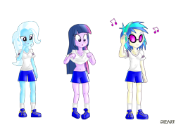 Size: 2330x1660 | Tagged: safe, artist:dieart77, character:dj pon-3, character:trixie, character:twilight sparkle, character:vinyl scratch, my little pony:equestria girls, belly button, clothing, gym uniform, headphones, midriff, music notes, shirt, shirt lift, shoes, simple background, sneakers, transparent background