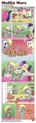 Size: 944x3197 | Tagged: safe, artist:saturdaymorningproj, character:bon bon, character:derpy hooves, character:sweetie drops, species:pegasus, species:pony, apron, clothing, comic, dialogue, female, food, mare, muffin, oven, oven mitts, speech bubble, that pony sure does love muffins