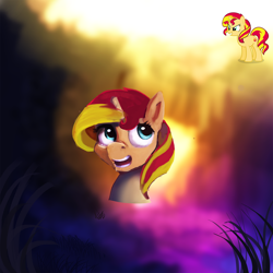 Size: 2000x2000 | Tagged: safe, artist:hierozaki, character:sunset shimmer, species:pony, species:unicorn, my little pony:equestria girls, abstract background, bust, female, portrait, reference sheet, smiling, solo, wip