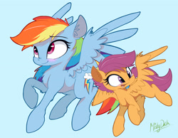 Size: 2988x2314 | Tagged: safe, artist:mistydash, character:rainbow dash, character:scootaloo, species:pegasus, species:pony, blushing, female, filly, flying, mare, open mouth, raised hoof, signature, sky, smiling, spread wings, wings