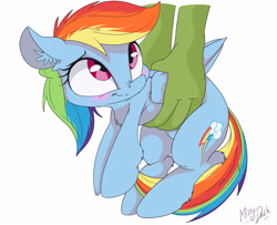 Size: 2917x2363 | Tagged: dead source, safe, artist:mistydash, character:rainbow dash, oc, oc:anon, species:human, species:pegasus, species:pony, :t, blushing, chest fluff, cute, dashabetes, disembodied hand, ear fluff, female, fluffy, hand, holding a pony, leg fluff, lifting, looking back, looking up, mare, nose wrinkle, simple background, smiling, solo focus, white background, wing fluff
