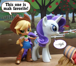 Size: 1000x877 | Tagged: safe, artist:texasuberalles, character:applejack, character:rarity, species:pony, species:unicorn, ship:rarijack, my little pony:equestria girls, apple, basket, butt touch, clothing, dialogue, doll, equestria girls minis, eqventures of the minis, female, food, hand on butt, hand on hip, hay, irl, lesbian, looking at you, photo, photobash, pony sized pony, shipping, skirt, speech bubble, toy, tree