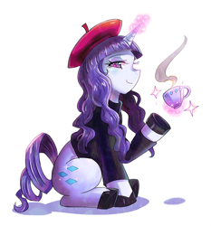 Size: 600x645 | Tagged: safe, artist:tzc, character:rarity, beatnik, beatnik rarity, clothing, cup, female, food, hat, long tail, looking at you, magic, simple background, solo, steam, tea, white background