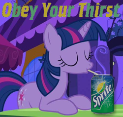Size: 512x486 | Tagged: safe, artist:kuren247, character:twilight sparkle, drink, female, product placement, solo, sprite, text