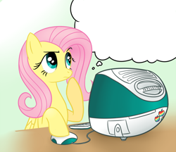 Size: 804x695 | Tagged: safe, artist:sorcerushorserus, character:fluttershy, apple, computer, exploitable, exploitable meme, female, flutter thought, food, imac, looking up, meme, rainbow, raised hoof, solo, thought bubble