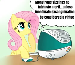 Size: 804x695 | Tagged: safe, artist:sorcerushorserus, edit, character:fluttershy, apple, caption, computer, darkest dungeon, exploitable meme, female, flutter thought, food, imac, looking up, meme, quote, raised hoof, solo, text, thought bubble