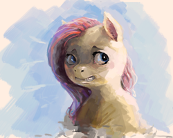 Size: 2984x2387 | Tagged: safe, artist:sharpieboss, character:fluttershy, bust, female, gritted teeth, looking away, looking sideways, portrait, smiling, solo