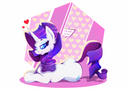 Size: 1920x1357 | Tagged: safe, artist:rariedash, character:rarity, female, heart, prone, solo, text