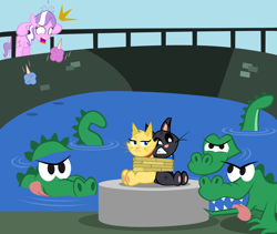 Size: 960x810 | Tagged: safe, artist:magerblutooth, character:diamond tiara, oc, oc:dazzle, oc:peal, alligator, cotton candy, hungry, rope, tied up, water, zoo
