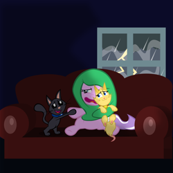 Size: 800x800 | Tagged: safe, artist:magerblutooth, character:diamond tiara, oc, oc:dazzle, oc:peal, anxiety, blanket, cat, comfort, comforting, couch, fear, pet, pet oc, rain, scared, storm