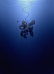Size: 1024x1408 | Tagged: safe, artist:whitepone, species:earth pony, species:pony, crossover, fish, goggles, hose, scuba, seaweed, solo, subnautica, swimming goggles, thalassophobia, underwater, wetsuit