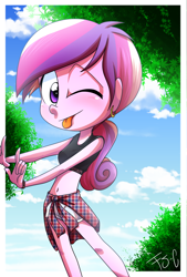 Size: 800x1184 | Tagged: safe, artist:fj-c, character:dean cadance, character:princess cadance, my little pony:equestria girls, belly button, clothing, female, midriff, shirt around waist, shorts, solo, sports bra, tongue out, wink, younger