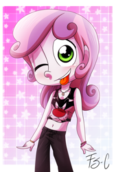 Size: 1024x1515 | Tagged: safe, artist:fj-c, character:sweetie belle, my little pony:equestria girls, belly button, clothing, crossover, female, looney tunes, midriff, short shirt, solo, sylvester, sylvester the cat, tongue out, wink
