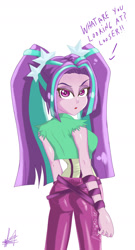 Size: 1027x1900 | Tagged: safe, artist:dieart77, character:aria blaze, my little pony:equestria girls, anime, arse-ia blaze, ass, butt, female, insult, looking at you, looking back, looking back at you, misspelling, pigtails, solo, twintails