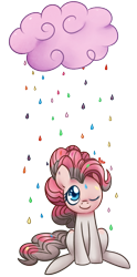 Size: 473x956 | Tagged: safe, artist:solar-slash, character:pinkie pie, species:earth pony, species:pony, cloud, female, mare, one eye closed, rain, simple background, sitting, smiling, solo, transparent background