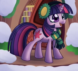 Size: 1100x1000 | Tagged: safe, artist:solar-slash, character:twilight sparkle, species:pony, species:unicorn, clothing, earmuffs, female, golden oaks library, mare, scarf, snow, solo, winter