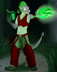 Size: 2000x2500 | Tagged: safe, artist:fuzebox, character:spike, species:anthro, species:dragon, species:plantigrade anthro, book, glow, glowing eyes, mage, magic, male, older, older spike, pendant, rpg, semi-anthro, solo, teenage spike, teenaged dragon, teenager