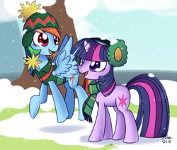 Size: 1300x1100 | Tagged: safe, artist:solar-slash, character:rainbow dash, character:twilight sparkle, species:pegasus, species:pony, species:unicorn, clothing, duo, earmuffs, female, hat, mare, scarf, smiling, snow, snowfall, vest, winter