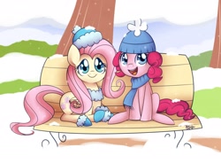 Size: 2040x1500 | Tagged: safe, artist:solar-slash, character:fluttershy, character:pinkie pie, species:earth pony, species:pegasus, species:pony, :d, bench, clothing, duo, female, happy, hat, looking at you, mare, prone, scarf, sitting, snow, snowfall, winter