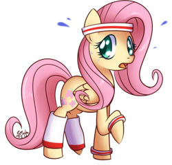 Size: 953x914 | Tagged: dead source, safe, artist:solar-slash, character:fluttershy, species:pegasus, species:pony, cute, female, headband, leg warmers, mare, plewds, shyabetes, simple background, solo, sweat, transparent background, wristband