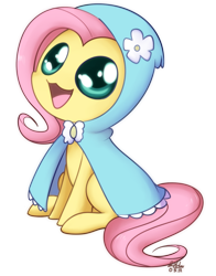 Size: 608x774 | Tagged: safe, artist:solar-slash, character:fluttershy, species:pegasus, species:pony, cape, chibi, clothing, cute, female, filly, hood, simple background, sitting, transparent background