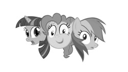 Size: 1059x600 | Tagged: safe, artist:kuren247, character:pinkie pie, character:rainbow dash, character:twilight sparkle, black and white, grayscale, logo, logo parody, lol, multiple heads, parody, polyamory, the three stooges, three heads, three silly ponies, twidashpie
