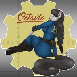 Size: 1280x1280 | Tagged: safe, artist:phathusa, artist:sirhcx, character:octavia melody, species:anthro, species:earth pony, species:pony, species:unguligrade anthro, fallout equestria, bedroom eyes, boots, breasts, clothing, colored pupils, dock, ear fluff, fallout, female, hairband, hoof boots, lipstick, looking at you, looking back, makeup, pinup, pipboy, pipbuck, pose, sexy, solo, treblebutt, vault suit, wide hips