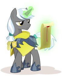 Size: 1800x2200 | Tagged: safe, artist:equestria-prevails, oc, oc only, oc:aster, species:pony, species:unicorn, armor, cape, clothing, levitation, lidded eyes, magic, male, reading, scroll, simple background, solo, stallion, tail wrap, telekinesis, transparent background, wizard