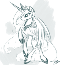 Size: 917x1000 | Tagged: safe, artist:probablyfakeblonde, character:princess celestia, species:alicorn, species:pony, abstract background, female, flying, lineart, mare, monochrome, sketch, solo