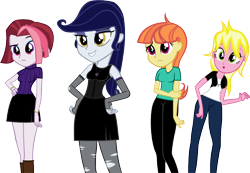 Size: 898x623 | Tagged: safe, artist:ironm17, character:cayenne, character:citrus blush, character:moonlight raven, character:sunshine smiles, episode:canterlot boutique, g4, my little pony: friendship is magic, my little pony:equestria girls, clothing, equestria girls-ified, fingerless gloves, gloves, goth, hand on hip, short-sleeved sweater, simple background, skirt, sleeveless, sweater, t-shirt, transparent background, vector