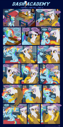 Size: 1248x2494 | Tagged: safe, artist:sorcerushorserus, character:gilda, character:rainbow dash, oc, oc:red sorena, species:griffon, species:pegasus, species:pony, comic:dash academy, bed, bedroom, cd player, comic, dialogue, female, hoofball, mare, playing card, poster, saddle bag, semi-grimdark series, soda can, suggestive series, tape