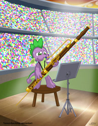 Size: 775x1000 | Tagged: safe, artist:texasuberalles, character:spike, species:dragon, bassoon, desperation, male, music stand, musical instrument, solo, spotlight, stadium, stage, sweat