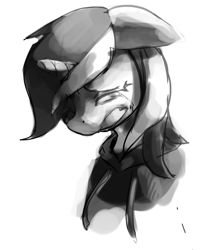 Size: 623x759 | Tagged: safe, artist:mewball, character:lyra heartstrings, fanfic:background pony, clothing, crying, dig the swell hoodie, eyes closed, female, grayscale, gritted teeth, hoodie, monochrome, sad, solo
