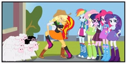 Size: 3190x1628 | Tagged: safe, artist:gutovi, edit, character:applejack, character:fluttershy, character:pinkie pie, character:rainbow dash, character:rarity, character:sunset shimmer, character:twilight sparkle, character:twilight sparkle (scitwi), species:eqg human, species:sheep, comic:why me!?, ship:appleshimmer, equestria girls:friendship games, g4, my little pony: equestria girls, my little pony:equestria girls, boots, bracelet, breaking the fourth wall, clothing, cropped, explicit series, female, jacket, jealous, jewelry, kissing, leather jacket, lesbian, looking at you, no fourth wall, shipping, shoes, skirt