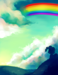 Size: 1024x1325 | Tagged: safe, artist:dhui, character:pinkie pie, character:rainbow dash, female, rainbow, scenery, silhouette, solo