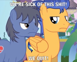 Size: 800x646 | Tagged: safe, artist:mlp-silver-quill, character:flash sentry, oc, oc:clutterstep, meme, sick of your shit, vulgar