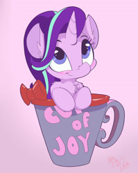 Size: 1970x2480 | Tagged: safe, artist:mistydash, character:starlight glimmer, species:pony, species:unicorn, bow, chest fluff, cup, cup of pony, cute, ear fluff, female, fluffy, glimmerbetes, hnnng, looking up, mare, micro, pony in a cup, signature, smiling, solo
