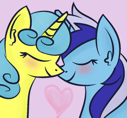 Size: 845x789 | Tagged: safe, artist:berrypunchrules, character:lemon hearts, character:minuette, ship:lemonette, blushing, female, lesbian, nuzzling, shipping