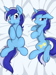 Size: 800x1067 | Tagged: safe, artist:theparagon, character:minuette, species:pony, species:unicorn, g4, body pillow, body pillow design, butt, female, floppy ears, lip bite, looking at you, lying down, mare, mouth hold, on back, on side, plot, solo, sultry pose, three quarter view, underhoof
