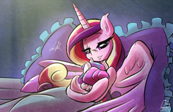 Size: 1248x811 | Tagged: safe, artist:light262, character:princess cadance, character:princess flurry heart, species:alicorn, species:pony, baby, baby blanket, baby pony, bed, cradling, cute, duo, female, holding a baby, holding a pony, lidded eyes, mama cadence, mother and child, mother and daughter, pillow, signature, sleepy eyes, smiling, swaddled baby