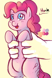 Size: 664x1000 | Tagged: source needed, safe, artist:redintravenous, artist:rustydooks, character:pinkie pie, species:human, color palette, colored, cute, dialogue, diapinkes, disembodied hand, hand, honk, offscreen character, offscreen human, solo focus