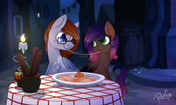 Size: 5000x3000 | Tagged: safe, artist:ruef, oc, oc only, oc:evening howler, species:pegasus, species:pony, commission, female, food, lady and the tramp, male, pasta, spaghetti, spaghetti scene, straight, ych result