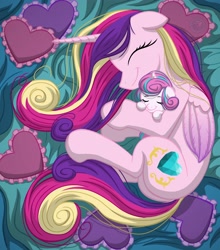 Size: 2500x2840 | Tagged: safe, artist:template93, character:princess cadance, character:princess flurry heart, species:alicorn, species:pony, :t, blanket, cuddling, cute, cutedance, eyes closed, female, filly, floppy ears, flurrybetes, hug, mama cadence, mare, messy mane, mother and daughter, on side, pillow, plot, smiling, snuggling
