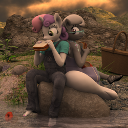 Size: 2500x2500 | Tagged: safe, artist:tahublade7, character:silver spoon, character:sweetie belle, species:anthro, species:plantigrade anthro, 3d, alternative cutie mark placement, barefoot, clothing, daz studio, dress, eating, feet, food, frog, nail polish, overalls, picnic basket, sandwich